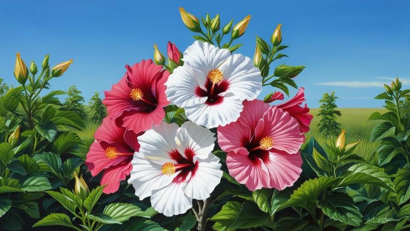 1_Fresh-Hibiscus-Mutabilis-flowers-with-dense-greenary-in-medow-and-blue-sky-in-natural-look-343