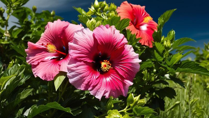 1_Fresh-Hibiscus-Mutabilis-flowers-with-dense-greenary-in-medow-and-blue-sky-in-natural-look.-232