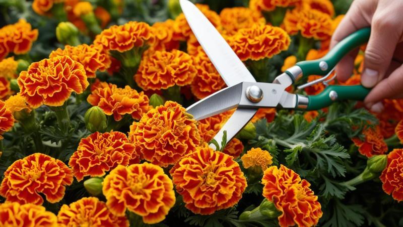 Beautiful-marigold-flowers-in-dense-quantity-pruning-with-scissor-434