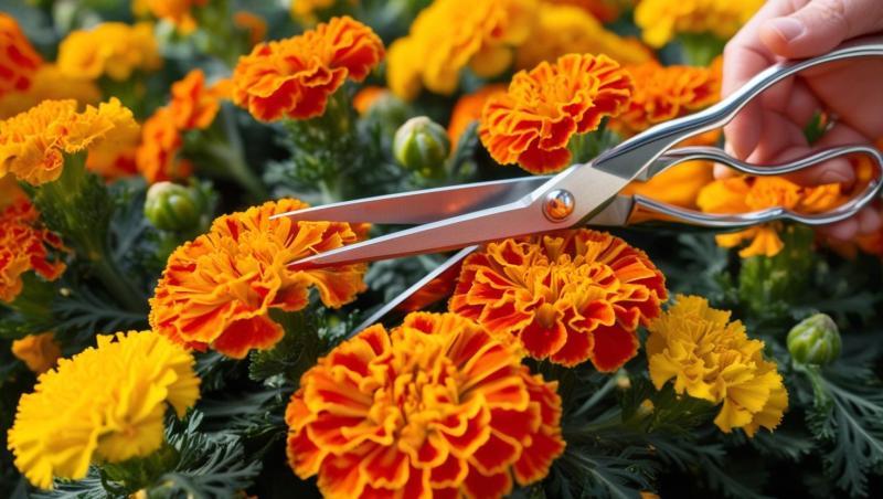 Beautiful-marigold-flowers-in-dense-quantity-pruning-with-scissors-976