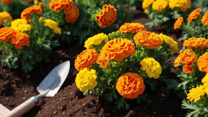 Beautiful-marigolds-which-is-grow-in-well-fertilized-soil-with-manure-water-and-fertilizer-with-fertilizing-tool-778