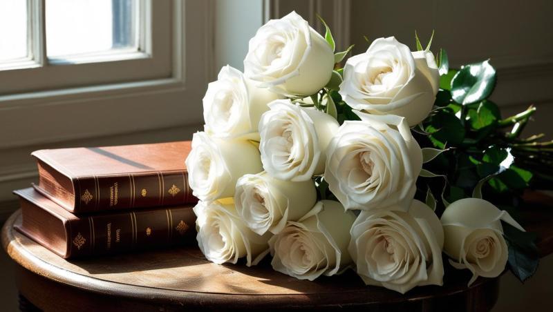 Beautiful-white-roses-on-table-with-books-and-window-in-HD-look-534