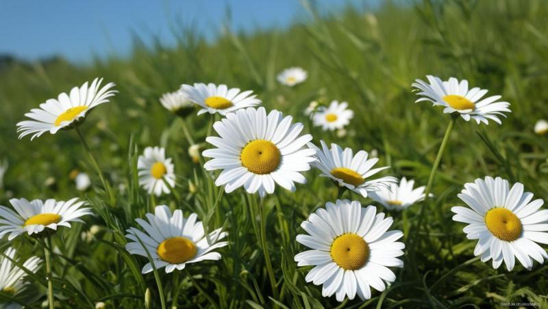 Fresh-daisy-flowers-with-dense-greenary-in-medow-and-blue-sky-in-natural-look-6756
