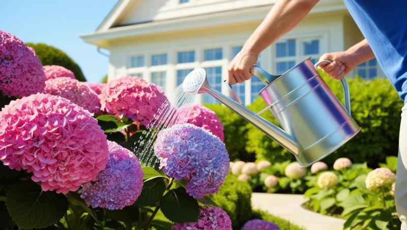Hydrangea-plants-watering-by-human-with-watering-tool-without-sowing-face-in-beautiful-house-background-43432