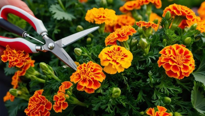 Marigold-flowers-and-greenary-in-dense-quantity-pruning-with-scissors-78