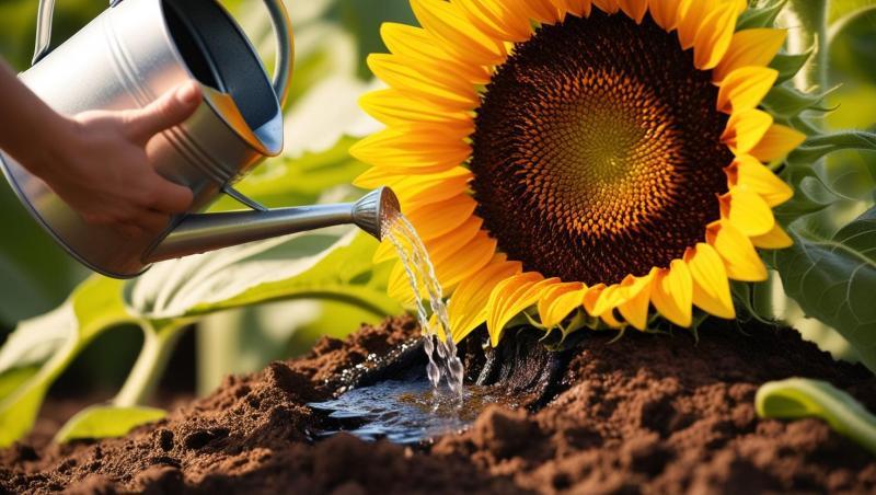 Beautiful-sunflower-plant-which-is-watering-in-below-part-of-plant-by-watering-tool