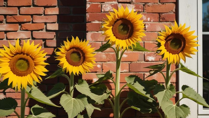 Joyful-3-4-sunflower-plants-which-is-placed-backyard-of-the-house-wall