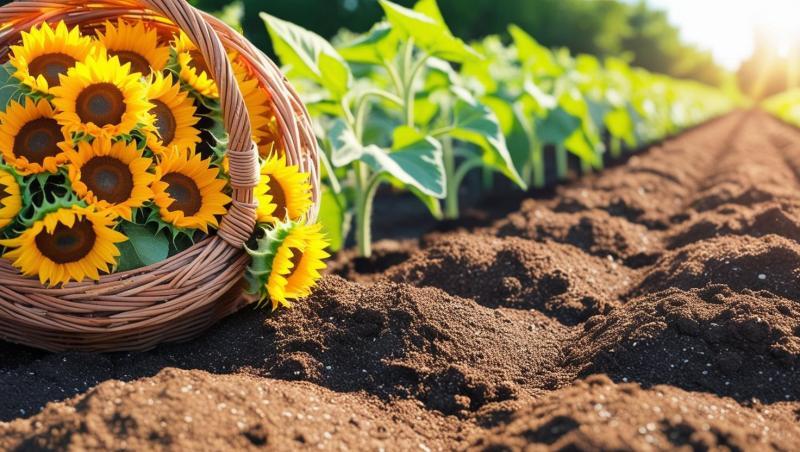 Sunflower-seed-in-basket-and-row-fertilizing-soil