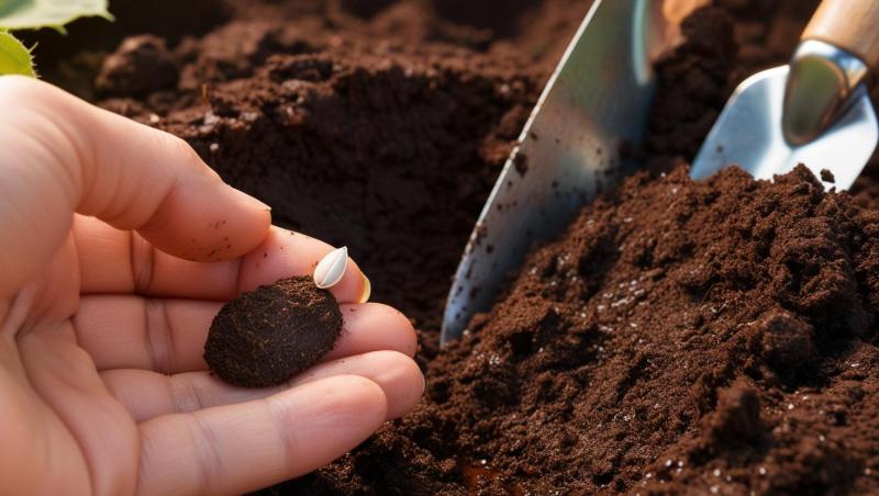 Sunflower-seed-in-human-hand-with-background-of-fertilizing-soil-and-gardening-tool-543